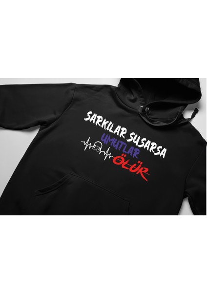 Unisex Şarkılar Susarsa Umutlar Ölür Yazılı Pamuklu Oversize Siyah Sweatshirt