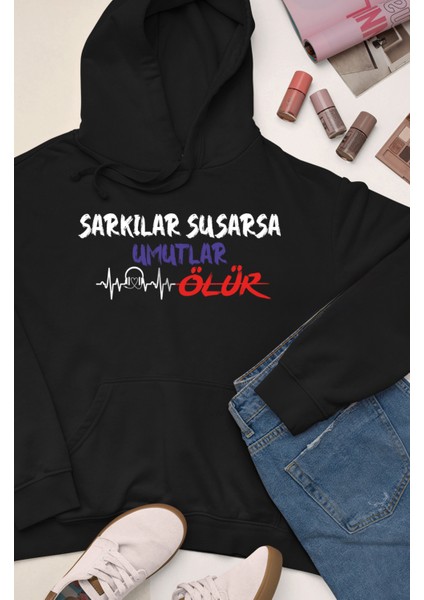 Unisex Şarkılar Susarsa Umutlar Ölür Yazılı Pamuklu Oversize Siyah Sweatshirt