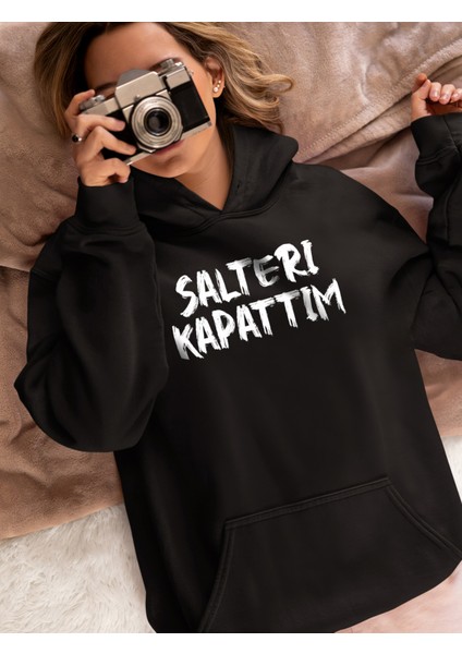 Unisex Şalteri Kapattım Yazılı Pamuklu Oversize Siyah Sweatshirt