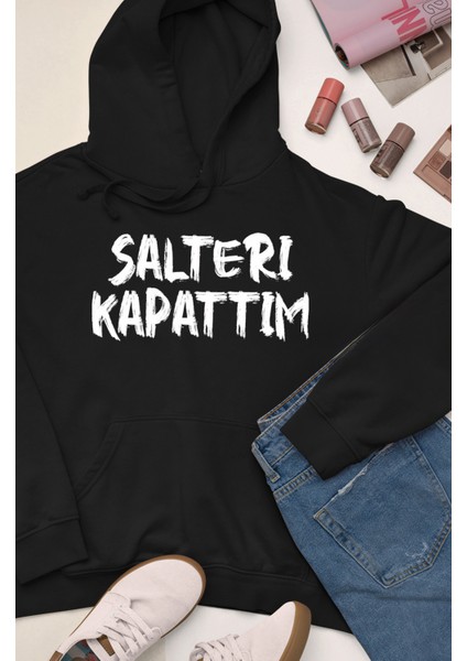 Unisex Şalteri Kapattım Yazılı Pamuklu Oversize Siyah Sweatshirt