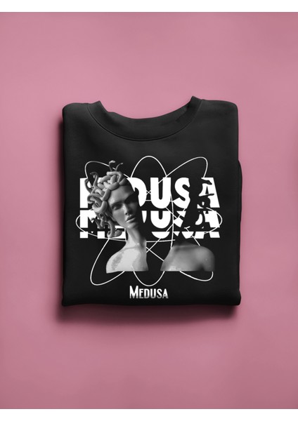 Medusa Baskılı Pamuklu Oversize Yoğun Şardonlu Kalın Siyah Sweatshirt Hoodie