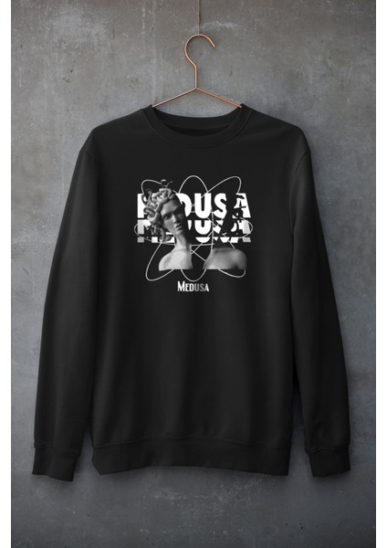 Medusa Baskılı Pamuklu Oversize Yoğun Şardonlu Kalın Siyah Sweatshirt Hoodie