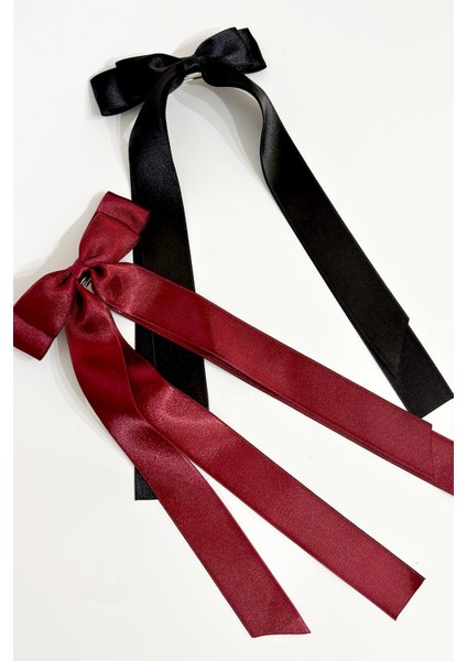 Çift Saten Fiyonk Kurdele Toka Bordo- Siyah 2'li Paket