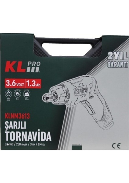 Şarjlı Tornavida Li-Ion Şarjlı Tornavida 3.6VOLT /1,3AH + 45 Parça Vidalama Ucu KLNM3613