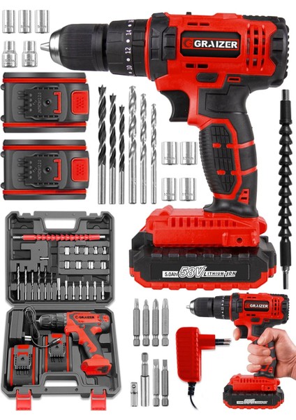 Tekno Trust Çift Akü Alman G-R-Z 58 V 5 Ah Darbeli Bakır Sargili Çelik Şanzuman Şarjlı Çift Akülü Vidalama Matk