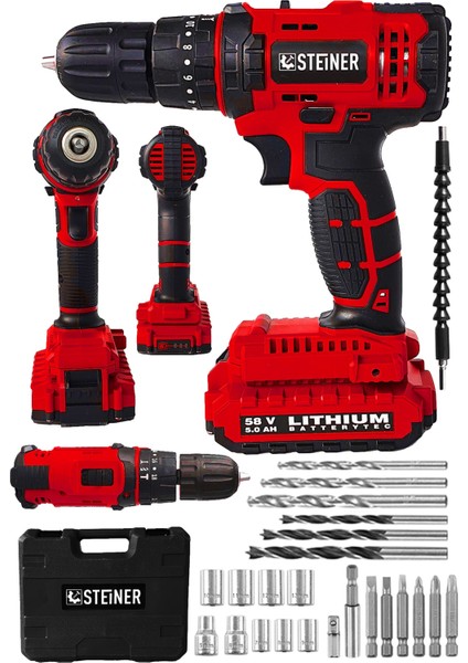 Tekno Trust Çift Akü Alman 58 V 5 Ah Darbeli Lityum Çift Akülü Sjs Metal Şanzıman Şarjlı Vidalama Matkap 24 Pcs
