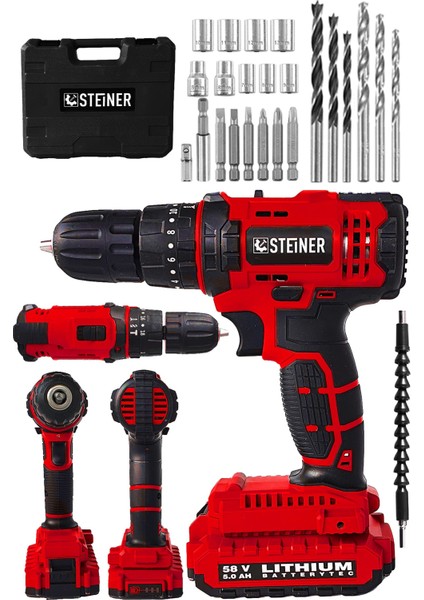 Tekno Trust Çift Akü Alman 58 V 5 Ah Darbeli Lityum Çift Akülü Sjs Metal Şanzıman Şarjlı Vidalama Matkap 24 Pcs