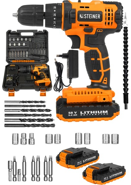 Tekno Trust Çift Akü Alman 58 V 5 Ah Darbeli Çift Akülü Metal Dişli Şanzuman Şarjlı Vidalam Matkap + 27 Parça S