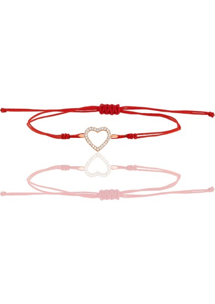 Gümüş Rose Zirkon Taşlı Kırmızı Ipli Kalp Bileklik SGTL12411ROSE