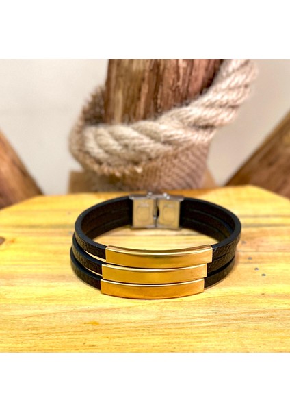 Çelik ve Deri Mixli 3lü Şerit Kararmaz Model Erkek 22 cm Bileklik