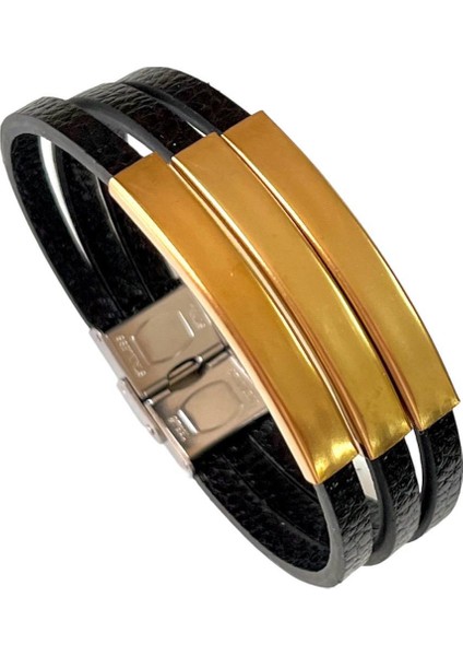 Çelik ve Deri Mixli 3lü Şerit Kararmaz Model Erkek 22 cm Bileklik fiyatları