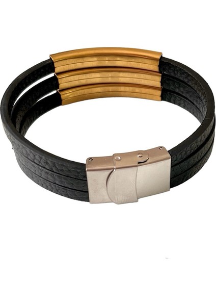 Çelik ve Deri Mixli 3lü Şerit Kararmaz Model Erkek 22 cm Bileklik modelleri