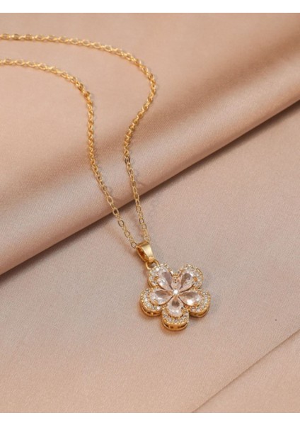 Kararmaz Paslanmaz Gold Renk Zirkon Taşlı Çiçek Desenli Çelik Zincir Kolye modelleri