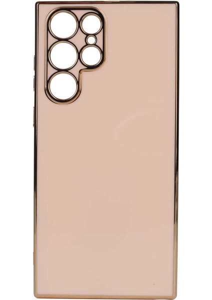 Samsung Galaxy S22 Ultra Kılıf Kenarları Gold Kamera Korumalı Renkli Pastel Silikon Rose Gold Bark