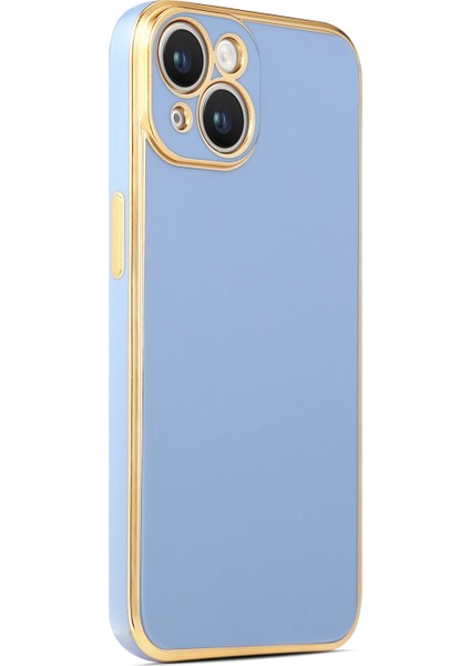Apple iPhone 14 Plus Kılıf Kenarları Gold Kamera Korumalı Renkli Pastel Silikon Mavi Bark
