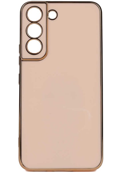 Samsung Galaxy S22 Kılıf Kenarları Gold Kamera Korumalı Renkli Pastel Silikon Rose Gold Bark