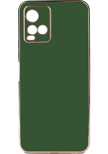 Vivo Y33S Kılıf Kenarları Gold Kamera Korumalı Renkli Pastel Silikon Koyu Yeşil Bark