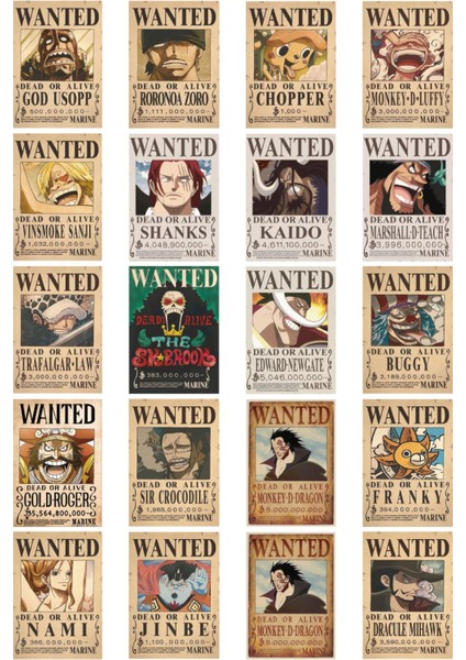 One Piece Wanted Tasarımlı Düz Kesim Sticker Seti - 2,60 cm x 3,80 cm 20 Adet Sticker