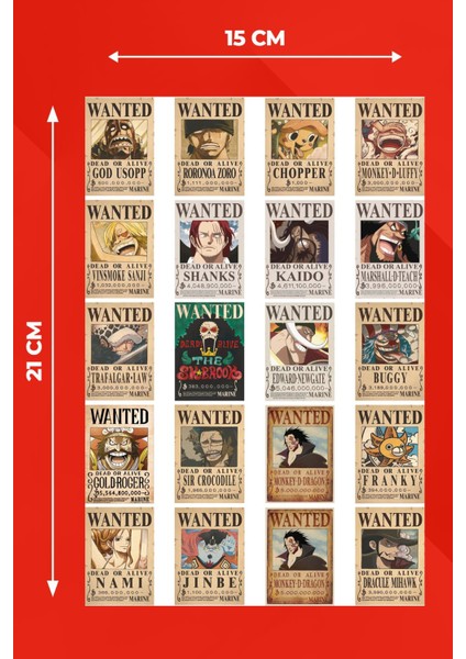 One Piece Wanted Tasarımlı Düz Kesim Sticker Seti - 2,60 cm x 3,80 cm 20 Adet Sticker