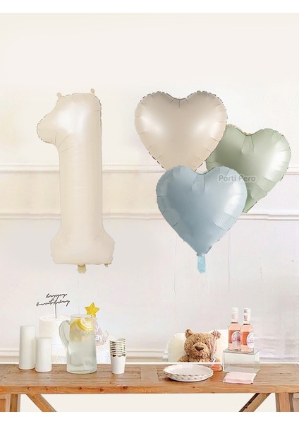Krem Rakam Folyo Balon Retro Kalp Folyo Balon Seti Doğum Günü Balon Seti