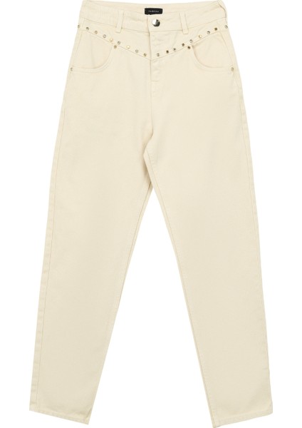 Normal Bel Normal Paça Mom Fit Ekru Kadın Denim Pantolon F4Sl-Pnt0547