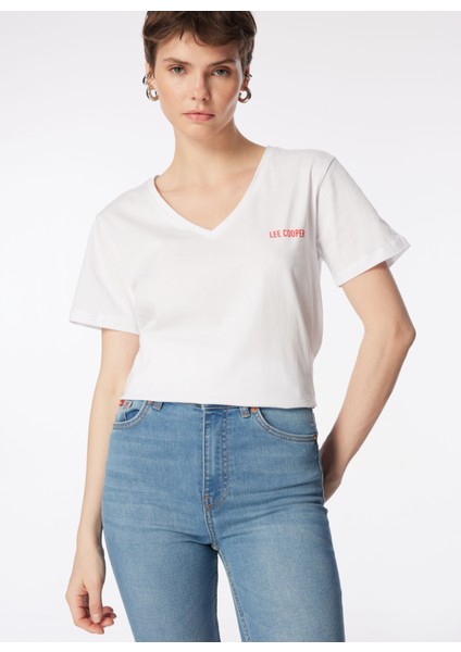 V Yaka Düz Beyaz Kadın T-Shirt 242 Lcf 242018 Loles Beyaz