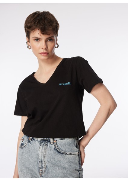 V Yaka Düz Siyah Kadın T-Shirt 242 Lcf 242018 Loles Siyah modelleri