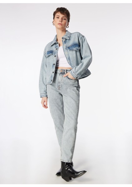 Yüksek Bel Geniş Paça Mom Fit Koyu Lacivert Kadın Denim Pantolon 242 Lcf 121018 Marlyn Lıght Acıd