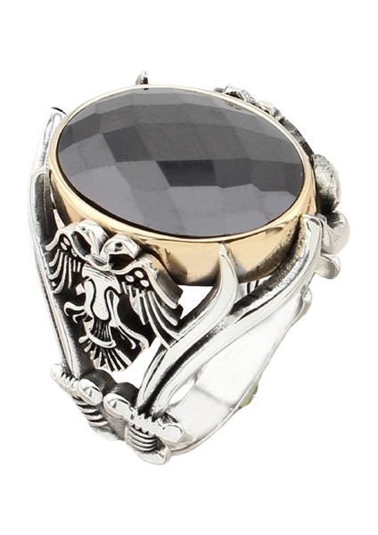 Erkek Yüzük Gümüş 925 Kılıç Motifli Çift Başlı Kartal