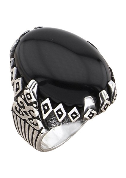 Erkek Yüzük Gümüş 925 Anadolu Motifli Bombe Taşlı