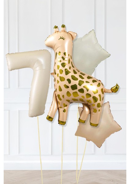 Büyük Zürafa Balon Retro Krem Karamel Doğum Günü Yaş Balon Seti Retro Konsept
