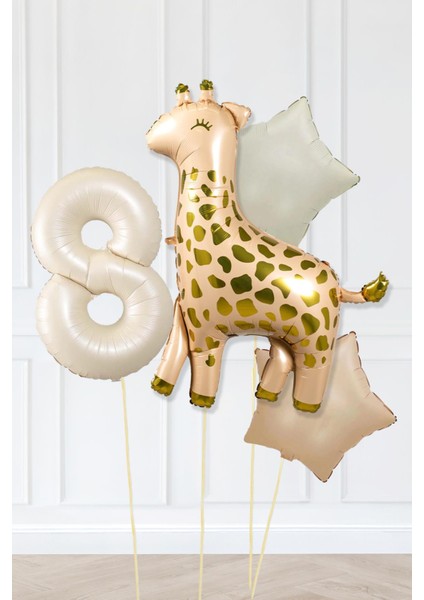 Büyük Zürafa Balon Retro Krem Karamel Doğum Günü Yaş Balon Seti Retro Konsept