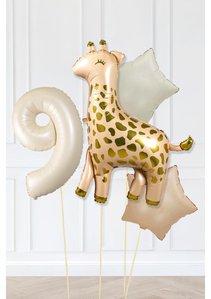 Büyük Zürafa Balon Retro Krem Karamel Doğum Günü Yaş Balon Seti Retro Konsept