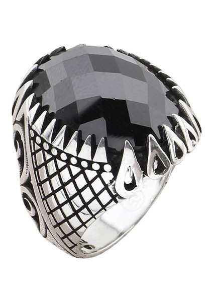 Erkek Yüzük Gümüş 925 Izgara Damla Desenli Oval Taşlı