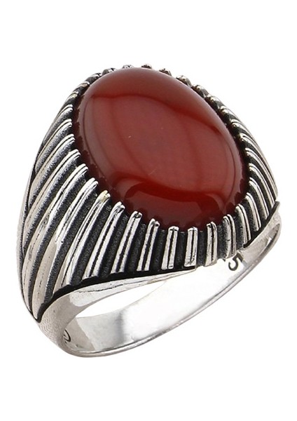 Erkek Yüzük Gümüş 925DIK Çizgili Modern Tasarım Oval Taşlı