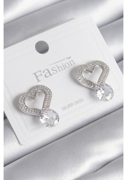 Pirinç Gümüş Renk Zirkon Taşlı Kalp Model Damla Zirkon Taş Detay Kadın Küpe