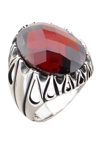 Erkek Yüzük Gümüş 925DIK Damla Motifli Bombe Taşlı