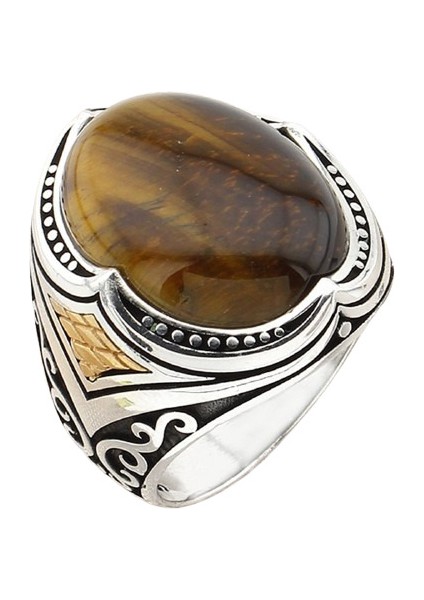 Erkek Yüzük Gümüş 925 Otantik Desenli Bombe Taşlı