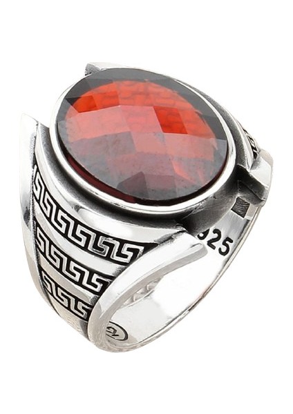 Erkek Yüzük Gümüş 925 Grek Desenli Oval Taşlı