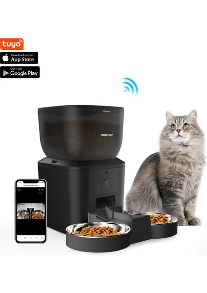 QQ025-DUAL Kameralı Akıllı Kedi Köpek Otomatik Mama Kabı, App Uzaktan Kontrol, Sesle Çağırma, 480P Kamera, 4lt Hazne, Çift Metal Kase