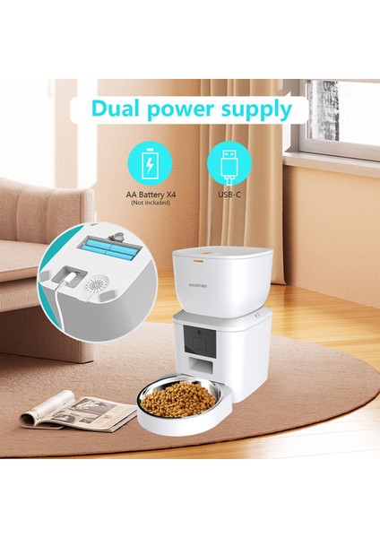 QQ023 Akıllı Kedi Köpek Mama Kabı, Tuya App-Wifi Uzaktan Kontrol, 4lt Hazne, Metal Kase