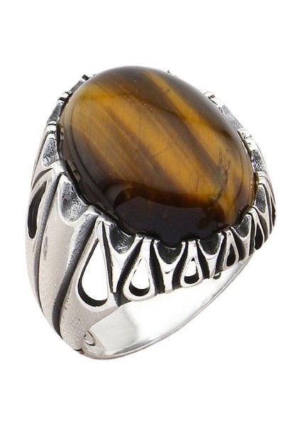 Erkek Yüzük Gümüş 925DIK Damla Motifli Bombe Taşlı