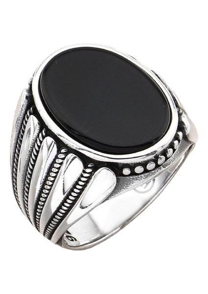 Erkek Yüzük Gümüş 925 Düz Desenli Oval Taşlı