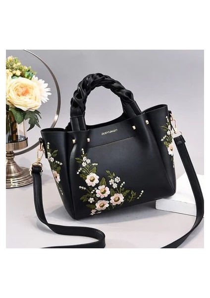 Siyah Stil 22X20X12CM Örgü Kolu Kadın Çiçek Pu Deri Küçük El Çantaları Günlük Moda Tasarımcısı Bayan Çanta Omuz Beyaz Kadın Çantaları (Yurt Dışından)