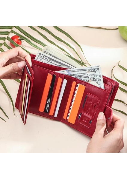 Siyah Stil Iletişimin Hakiki Deri Cüzdanları Kadın Erkek Cüzdanı Kısa Küçük Rfid Kart Sahibinin Cüzdanları Bayanlar Kırmızı Bozuk Para Cüzdanı Portfel Damski (Yurt Dışından) fırsatları