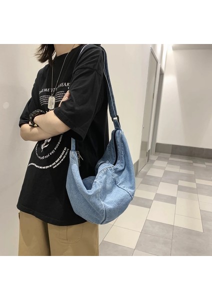 Lacivert Tarzı Rahat Sadelik Büyük Omuz Çantaları Kadın Kanvas Yüksek Kapasiteli Alışveriş Çantası Çapraz Vücut Denim Çanta Kadın Messenger Çanta (Yurt Dışından) fırsatları