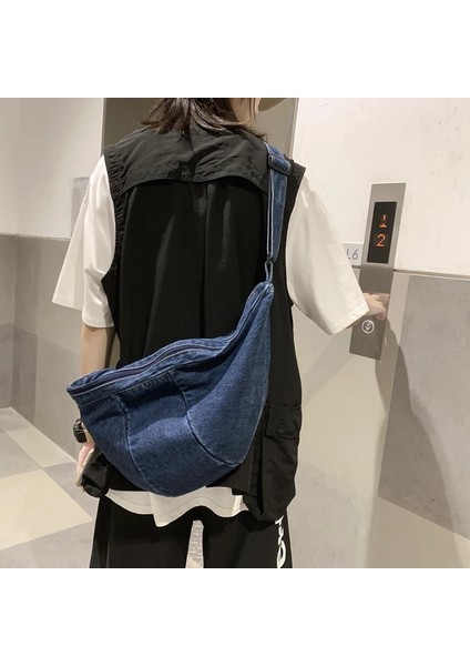 Lacivert Tarzı Rahat Sadelik Büyük Omuz Çantaları Kadın Kanvas Yüksek Kapasiteli Alışveriş Çantası Çapraz Vücut Denim Çanta Kadın Messenger Çanta (Yurt Dışından) indirimleri