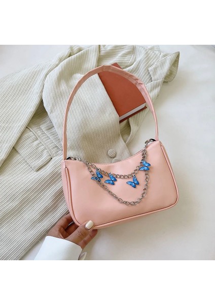Pembe Tarzı Moda Kadın Kelebek Zincir Omuz Çantaları Saf Renk Rahat Tüm Maç Koltukaltı Çantaları Zarif Bayanlar Küçük Hobos Çanta Çantalar (Yurt Dışından)