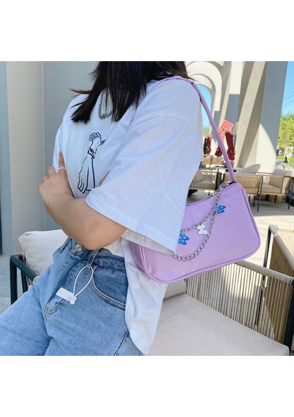 Pembe Tarzı Moda Kadın Kelebek Zincir Omuz Çantaları Saf Renk Rahat Tüm Maç Koltukaltı Çantaları Zarif Bayanlar Küçük Hobos Çanta Çantalar (Yurt Dışından)