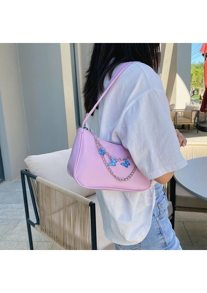 Pembe Tarzı Moda Kadın Kelebek Zincir Omuz Çantaları Saf Renk Rahat Tüm Maç Koltukaltı Çantaları Zarif Bayanlar Küçük Hobos Çanta Çantalar (Yurt Dışından)